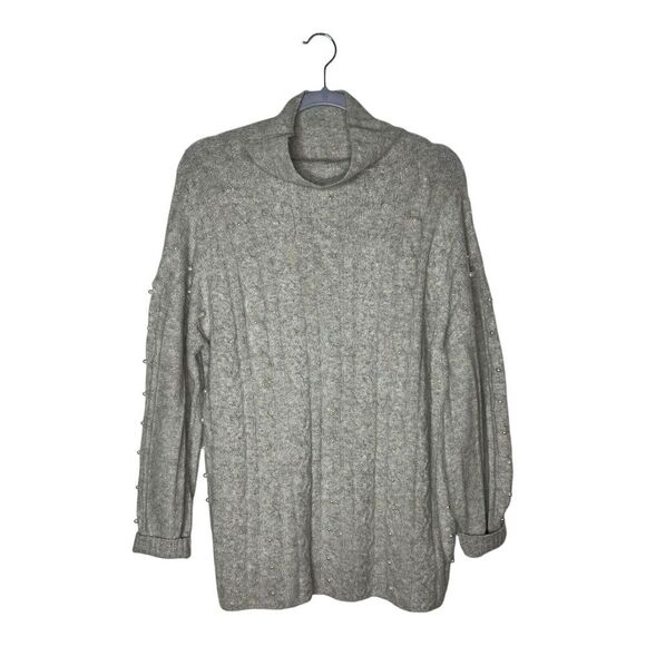 Nic + Zoe Sweater Womens Medium Gray Cable Knit Cowl Neck Pearl Embellishments - Picture 1 of 14
